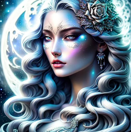 Prompt: Beautiful moon goddess covered in nightly glow with detailed silver features in the moon with illuminating moonshine, beams; by anna dittmann, floradriel, digital painting, extreme detail, 120k, ultra hd, hyper detailed, white, wlop, digital painting; crystal body, Anime Character, Detailed, Vibrant, Anime Face, Sharp Focus, Character Design, Wlop, Artgerm, Kuvshinov, Character Design, Unreal Engine, Vintage Photography, Beautiful, Tumblr Aesthetic, Retro Vintage Style, Hd Photography, Hyperrealism, Beautiful Watercolor Painting, Realistic, Detailed, Painting By Olga Shvartsur, Svetlana Novikova, Fine Art, Soft Watercolor