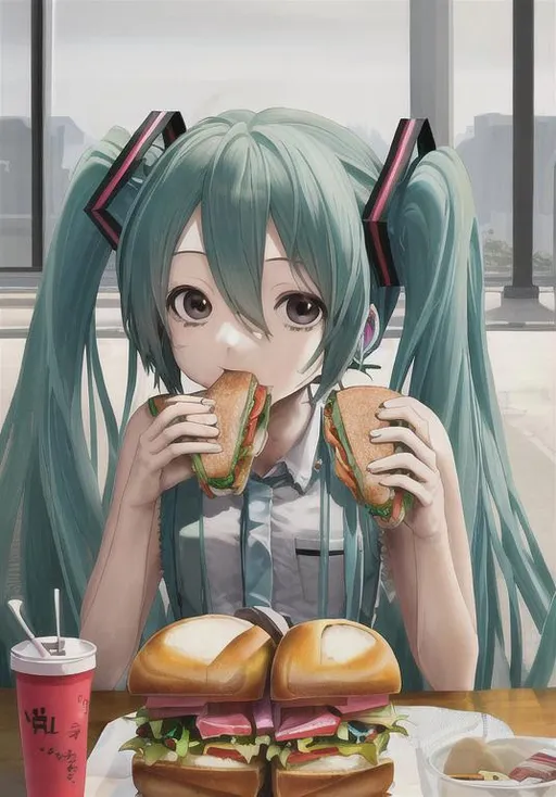 Prompt: hatsune miku eating a sandwich
