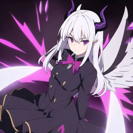 Prompt: Girl with white hair , four purple horns , dresses in a natzi uniform and demonic wings