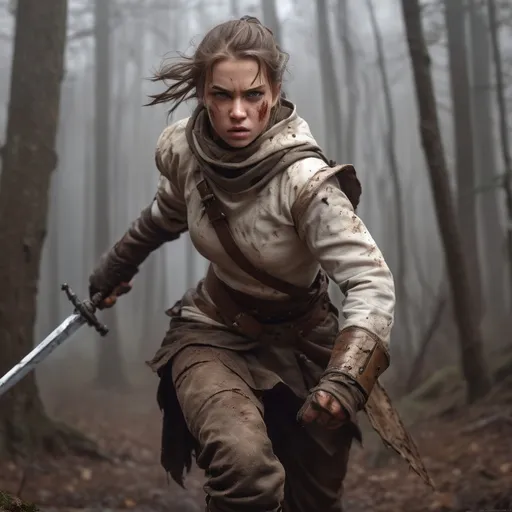 Prompt: Hiper-realistic, young female warrior, in a white dirty mantle, sword and shield, agressive expression, face scar, little dirty,detailed brown clothing, fighting bravely in a forest, cloudy weather, very dynamic. Action.