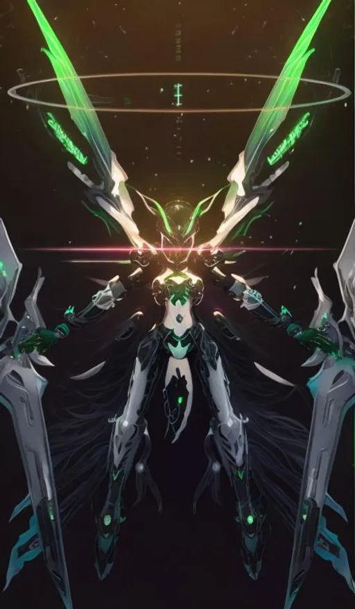 Prompt: female, long silver and green glowing hair, wearing black gloves, green and black scifi armor, ULTRAKILL Xenoblade 2 , conceptart , scifi sword, mechanical halo