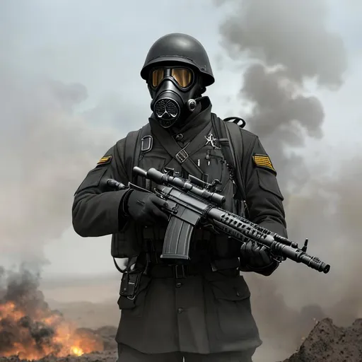 Prompt: Several mordern male black color with gas mask black,  the trenches warfare, Highly Detailed, Hyperrealistic, sharp focus, Professional, UHD, HDR, 8K, Render, electronic, dramatic, vivid, pressure, stress, nervous vibe, loud, tension, traumatic, dark, cataclysmic, violent, fighting, Epic, 

