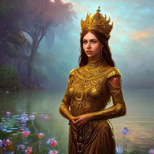Prompt: Intricate digital portrait of Lady of the Lake, gilded, hyper-detailed, 64K, UHD, HDR, unreal engine, vivid colors, water lilies, beautiful 
