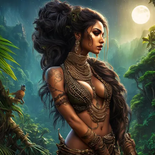 Prompt: beautiful exotic tribal woman, looking down, hair blowing in the wind, holding small knife, olive skin, moonlit,  HDR, 8k, intricate detail, 64k, digital painting, art station, jungle background