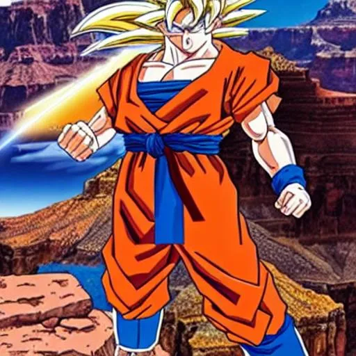 Prompt: goku fighting in the grand canyon