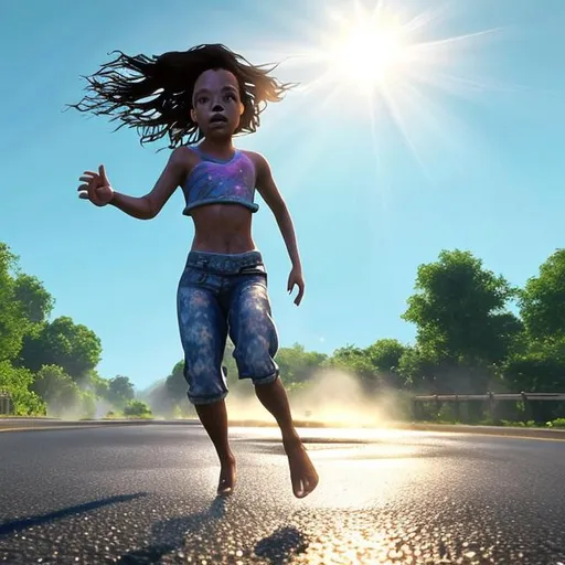 Prompt: A woman is running towards a pool of water in the middle of a road. The sun is shining brightly overhead and the sky is clear. The woman's face is contorted with fear and her arms are outstretched in front of her. In the distance, a young boy is playing in the middle of the road. The pool of water is actually a mirage.
The image should be visually striking and capture the sense of urgency and danger that the woman is feeling. The mirage could be depicted as a shimmering pool of water in the distance, or it could be more subtle, with the water appearing to blend in with the road.
