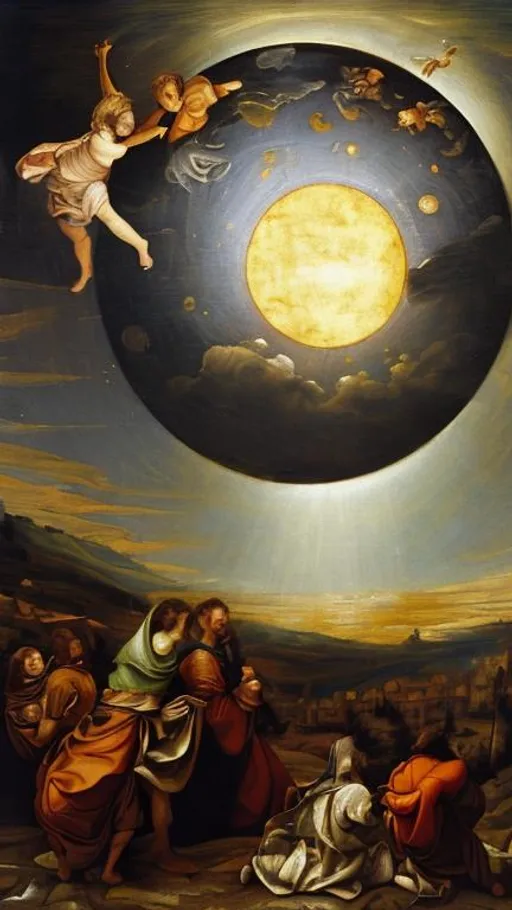 Prompt: Oil renaissance painting of the grey moon orbiting the golden sun 