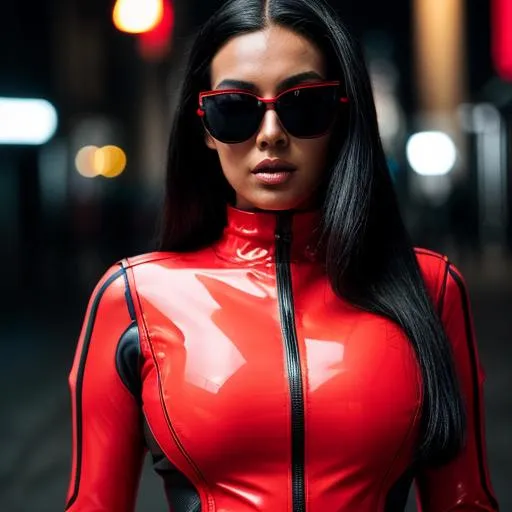 Prompt: Beautiful woman from a random country, futuristic black sunglasses wearing a red and black latex futuristic avant-garde dress, walking in the street, highly detailed, ambient light, red neon lights, close-up, provocative.
