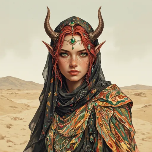 Prompt: A digital drawing.  A striking figure emerges from a desert landscape, showcasing a blend of majestic features and intricate details. The character, adorned with a flowing, patterned scarf and colorful attire, stands against a muted backdrop of sandy hues, enhancing the warm atmosphere of the scene. Her vivid green eyes gleam with intensity, partially obscured by a dark veil that adds an aura of mystery. Delicate jewelry and ornate embellishments adorn her head, intertwining with fiery red hair and dragon-like horns that suggest a fantastical element. The overall composition speaks to a narrative of strength and elegance, enveloping the viewer in an enchanting, otherworldly ambiance.  Cinematic lighting, painterly textures, subtle blush, vintage ambiance, soft shadows.