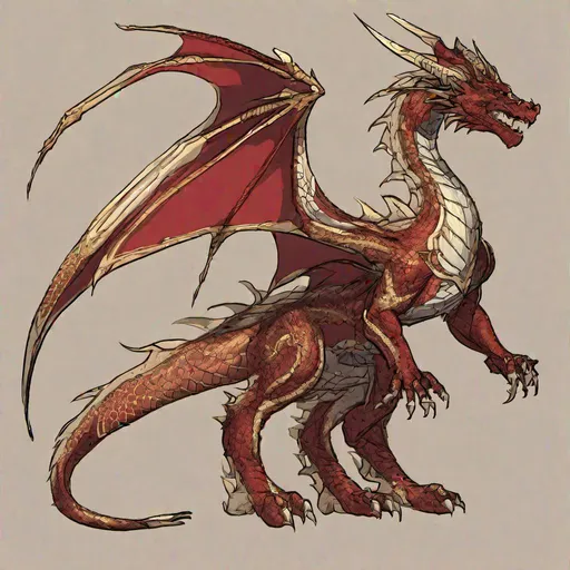 Prompt: Concept designs of a dragon. Full dragon body. Dragon has four legs and a set of wings.  Side view. Coloring in the dragon is deep red with light golden streaks or details present.