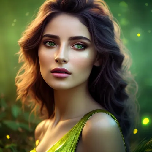 Prompt: HD 4k 3D 8k professional modeling photo hyper realistic beautiful woman ethereal greek goddess of the earth Mother Earth
dark green hair hazel eyes gorgeous face olive skin green and yellow and brown shimmering dress jewelry flower crown surrounded by magical glowing light hd landscape background of enchanting mystical forest plants vegetation flowers fruit 