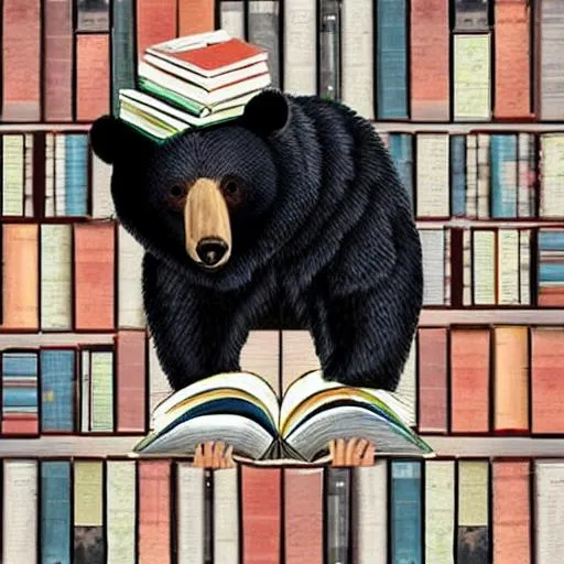 Prompt: Bear with books on head