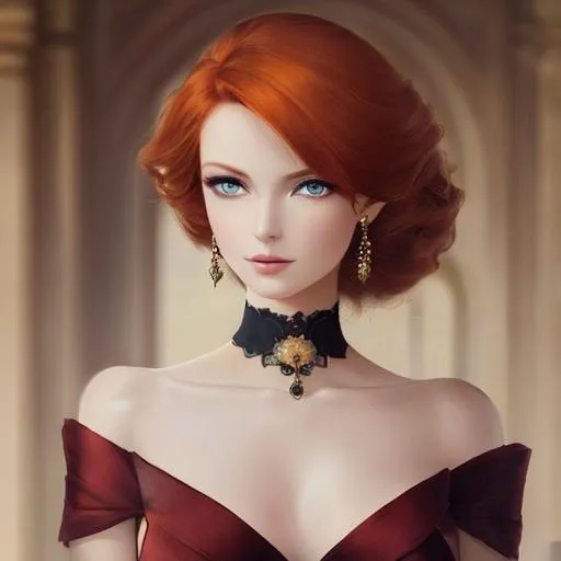 Prompt: Elegant lady with ginger hair and amber eyes