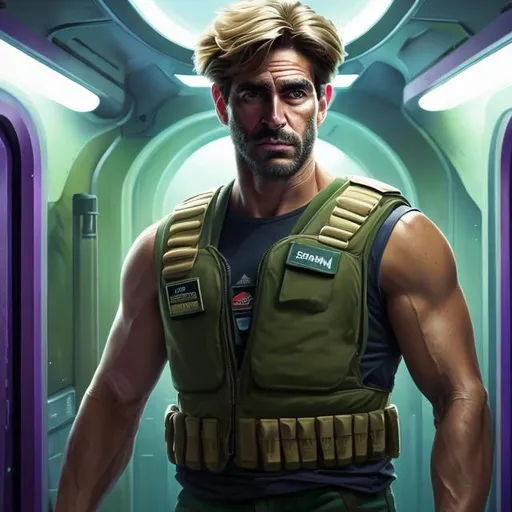 Prompt: Oil painting of a man with cuban features and light brown hair handsome face, In futuristic storage bay, wearing futuristic military green protective vest over whole torso with no sleeves, purple shorts with bare legs, perfect composition, hype realistic, super detailed, 8k, high quality, trending art, trending on artstation, sharp focus, studio photo, intricate details, highly detailed, by greg rutkowski