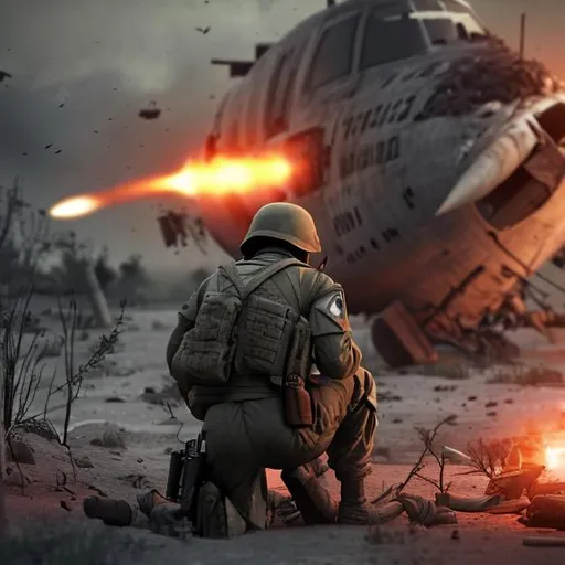 Prompt: Last soldier in a battlefield staring at a crashed jet
