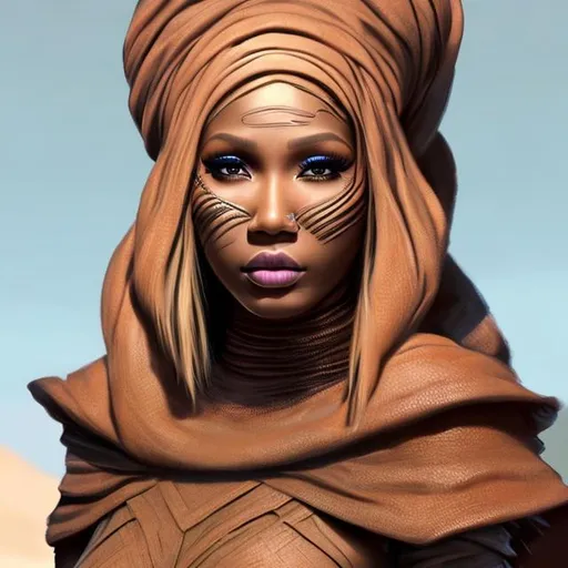 Prompt:  nicki minaj, detailed face, beautiful face, hijab, dune 2021, tusken raider, tan cape, tan poncho, warrior