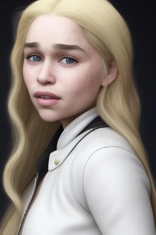 Prompt: high quality photorealistic portrait of girl {Emilia Clarke} age of 27, long blond hair, perfect detailed face, white skin, sleepy eyes, slightly smiling,, wearing white t-shirt and black leather jacket, Photoshoot, Portrait, Studio Lighting, Beautiful Lighting, Warm Color Palette, Melancholic, trending on Artstation, by {Jim Burns}  Octane Render, sharp focus, studio photo, intricate details, highly  detailed,  ultra detailed