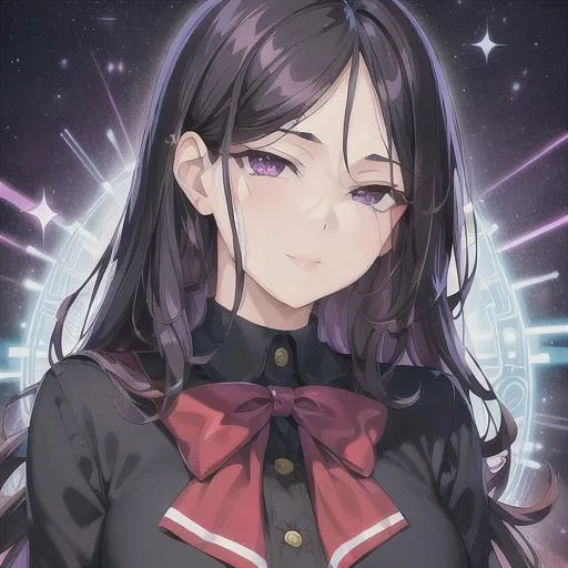 Prompt: (masterpiece, illustration, best quality:1.2), smug expression, curly black hair, purple eyes, wearing schooluniform, best quality face, best quality, best quality skin, best quality eyes, best quality lips, ultra-detailed eyes, ultra-detailed hair, ultra-detailed, illustration, colorful, soft glow, 1 girl