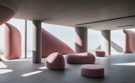Prompt: Walls Are covered in rosa air cushion, surreal, coherent composition, architecturally accurate, architecture photography, 8 k. Architecture Magazin.