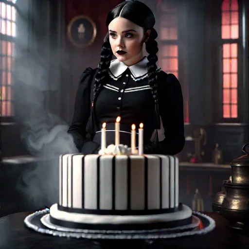 Prompt: Young pregnant Wednesday Adams from Netflix serial, cake, sharpness, smoke, mystery, gothic, epic, hyperrealism, 3D detailed, incrustation, contrast forms and lines, contrast space and light, dof, photorealism