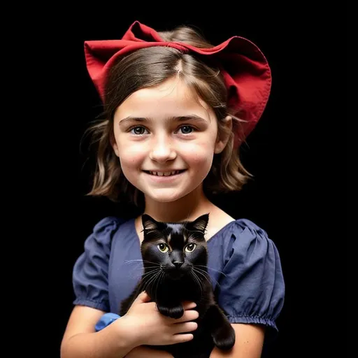 Prompt: realistic photograph, 13yo girl, (unkempt shoulder length dark brown hair), wearing a (blue sack dress), with a (red cloth bow) tied in her hair, with a (brown leather strap) running across her chest, smiling, holding a large black cat in her arms, kiki the delivery witch, sold black background, highly detailed, joyful