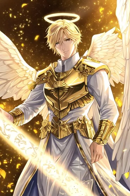 Prompt: Angel, halo, radiant golden light, seraph, six wings, photo realistic, Male, warrior, ancient, wallpaper, St michael, catholic, archangel, handsome, Male face, masculin face, 37 years old, Spears, fire, 16k, full body picture, heavenly, shader