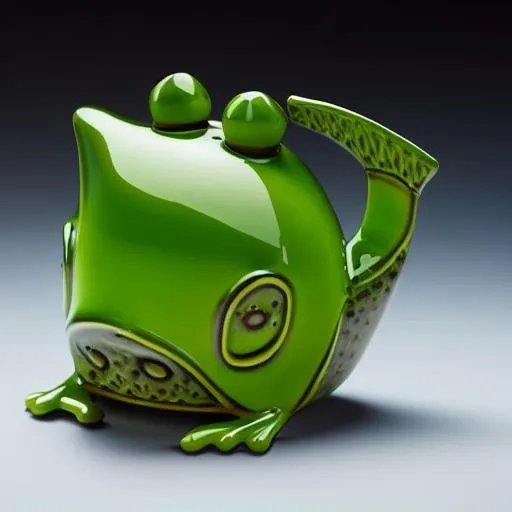 Prompt: frog-teapot and three frog-cups, green teapot and cups shaped like frog, glazed ceramic, tilt shift, very beautiful, global illumination, intricate linework, short spout, 8k, food photography, octane rende