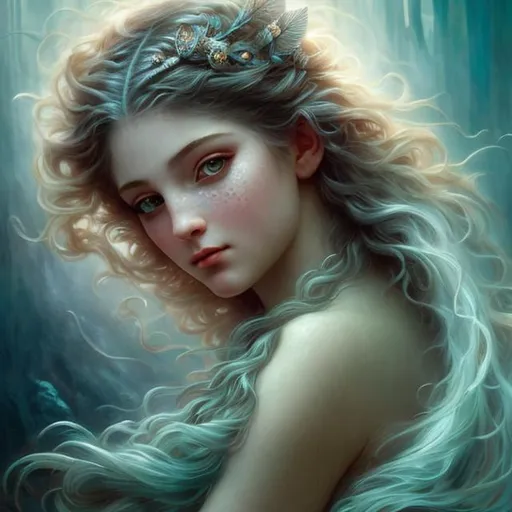 Prompt: Fantasy, Epic, Stunning, Spectacular, cinematic, 3D, HD, Beautiful!! {female}Sea Nymph, ultra detailed full body artistic photography,detailed gorgeous face, Beautiful big {moon-shaped}reflective eyes, long flowing turquoise hair, full moon background,  Gorgeous detailed face, shadows, , brush strokes, ultra sharp focus, William-Adolphe Bouguereau, matte painting movie poster, silver ratio, epic, intricate, cinematic character render, hyper realistic, 64K 