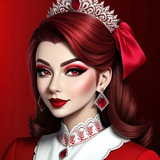 Prompt: Ruby lady, all in red, pretty makeup, elegant, nice clothes, facial closeup