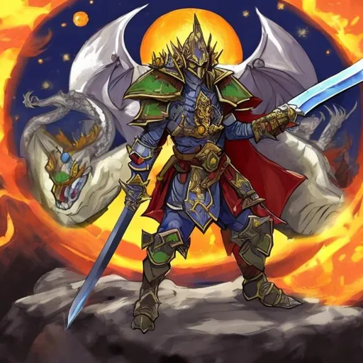 Prompt: dragon warrior standing over his dead enemies, 2 of which happen to be the sun and the moon, he uses a double-sided sword with a spear in the center of the hilt