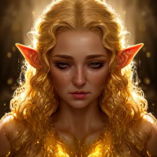 Prompt: liquid gold, woman, portrait, dripping, cinematic lighting, hyper realistic, 8k, blonde curls, wisps, ethereal, fantasy, beautiful, elf ears