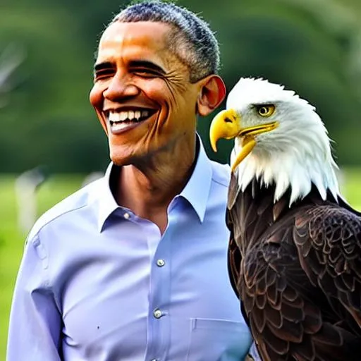 Prompt: Obama smiling with a bald eagle