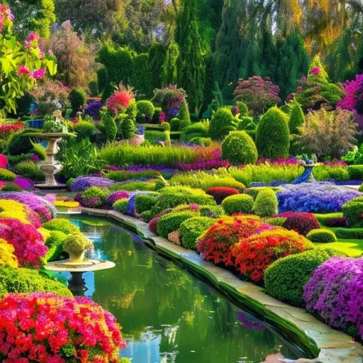 Prompt: beautiful stunning garden, serene, sunbeams, fountain, flowers, colors, vibrant, verdant