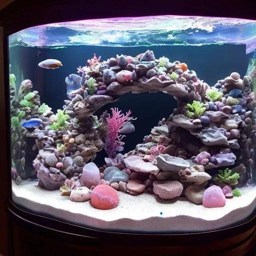 Prompt: an aquarium decorative cave made of rose quartz pebbles