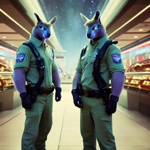 Prompt: Wallaby security guards in a busy alien mall, widescreen, infinity vanishing point, galaxy background, surprise easter egg