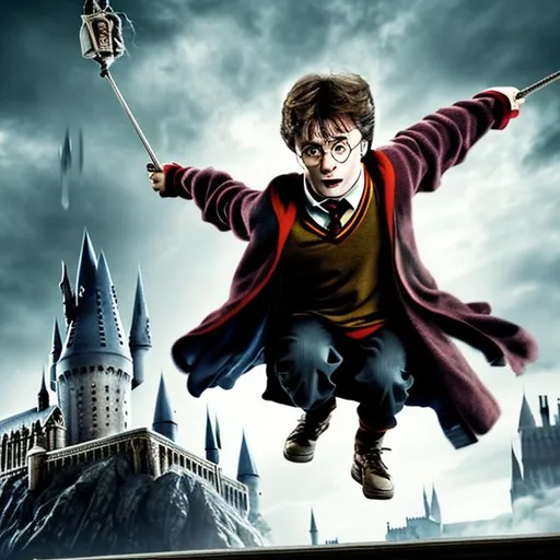 Prompt: Harry potter on a flying vacuum