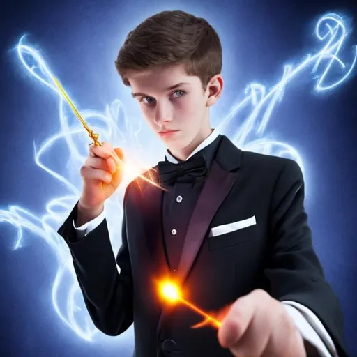 Prompt: 16 year old boy in a tuxedo useing his magic wand to cast a spell