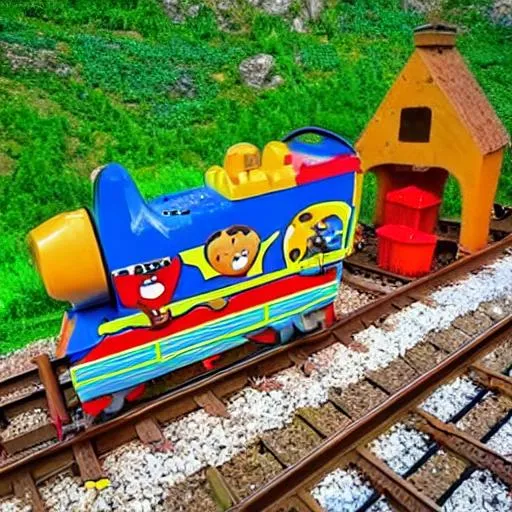 Prompt: funny train for kids in beautiful landscape