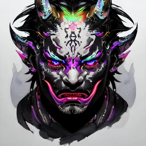 Prompt: Watercolor portrait of a roaring neon hannya with iridescent black markings and a CYBERNETIC face, perfect composition, hyperrealistic, super detailed, 8k, high quality, trending art, trending on artstation, sharp focus, studio photo, intricate details, highly detailed, by greg rutkowski, illustration, watercolor, BY YUJI SHINKAWA