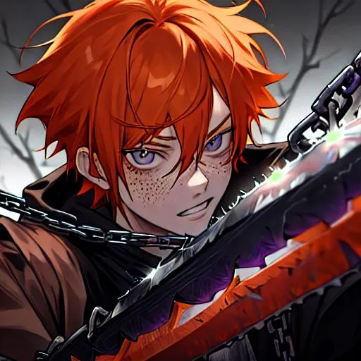 Prompt: Erikku male adult (short ginger hair, freckles, right eye blue left eye purple) 8K, Highly detailed, insane detail, best quality, high quality, holding a chain saw