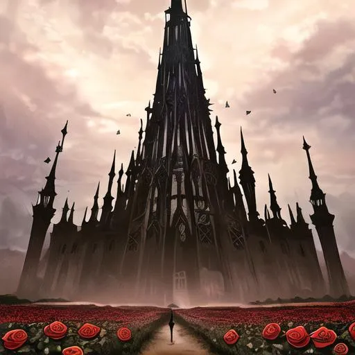 Prompt: The Dark Tower in a field of roses
