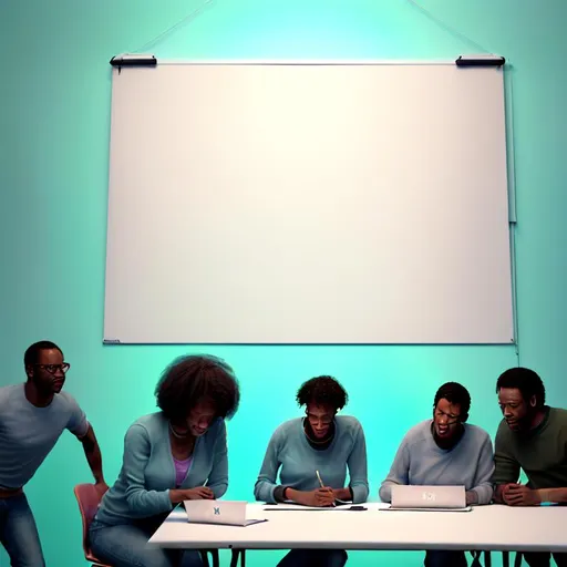 Prompt: Seven African Americans writing a movie screenplay in a large room with a large blank whiteboard. Two of them have laptops. Color photo taken by a Hasselblad camera. Lavendar soft wash lighting in the top right corner. Cyan soft wash lighting in the bottom left corner. Brighter warm soft lighting from the front.