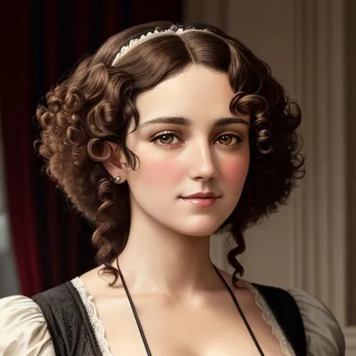 Prompt: An attractive 35 year old woman with very curly hair, elegant, Victorian era, 19th century, facial closeup, in color