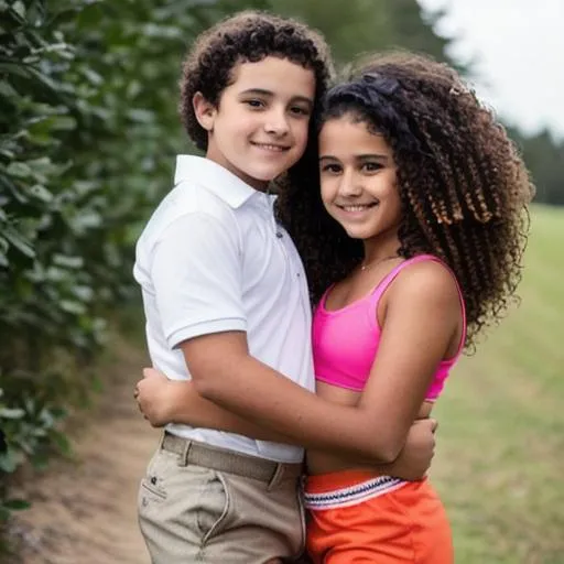Prompt: a 13 year old kid with curly hair hugging a beautiful  girl dressed in a Hot Pants, HD