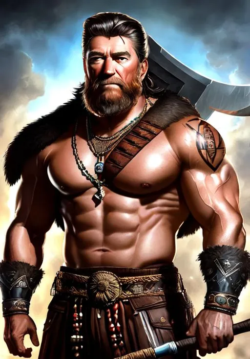Prompt: UHD, , 8k, high quality, poster art, (( Aleksi Briclot art style)), Ronald Reagan, hyper realism, Very detailed, full body, muscular, view of a middle aged man, no shirt, beard, Barbarian, tribal tattoo, black hair, dark eyes, giant battle axe, brown skin. black leather armor, dynamic pose, mythical, ultra high resolution, light and shading in 8k, ultra defined. 