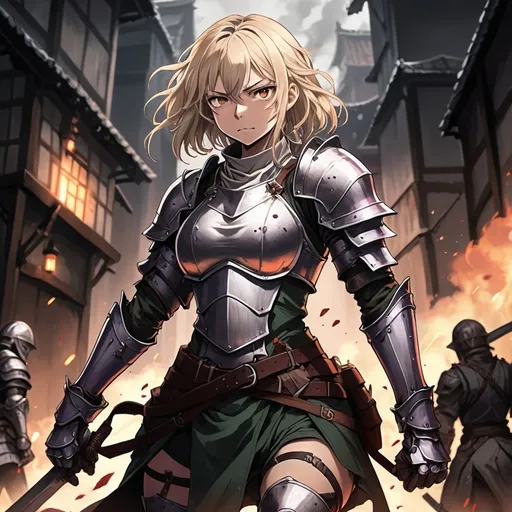 Prompt: Dark anime style scene set in a fictitious modern world. Use the art style of current anime titles like Goblin Slayer, Demon Slayer, Violet Evergarden etc.

Focus is on mature female martial artist warrior. She has been in close quarter combat and is tired but still strong. The combat scene is littered with opponents she has beaten down. She has no weapons, only body armor and metal arm and leg gauntlets. You can use a touch of steam punk elements but not too much.