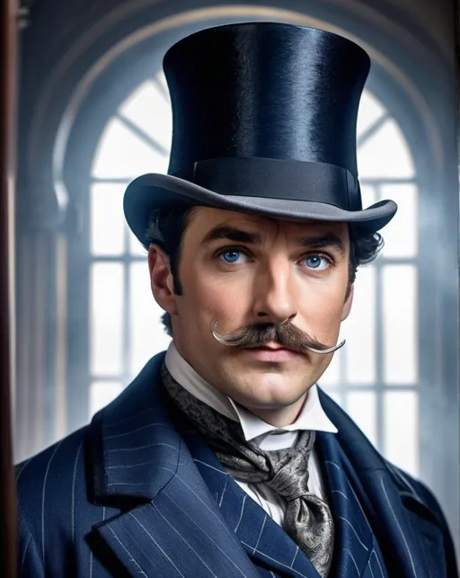 Prompt: professional profile of a 19th century Sherlock Holmes, thick dark hair, blue eyes, handlebar mustache, intricate square face, strong jawline, narrow nose, intense gaze, gray pinstripe suit, navy silk cravat, ((top-hat & monocle)), highres, professional, detailed monocle with silver frame, elegant attire, sophisticated lighting