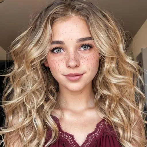 Prompt: Wavy blonde hair. Detailed fox brown eyes. Maroon dress with lace. Detailed glossy lips. Freckles.