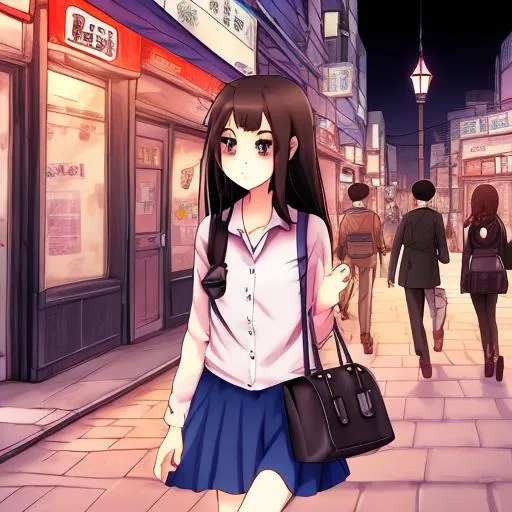 Prompt: A girl walking on the street at night talking with a man, anime, comic