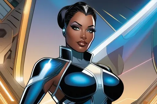 Prompt: Hope Alguin--dark-skinned curvaceous cyborg beauty--uses a quantum computer to scan the Omniverse for any trace of her lost android muse-brother, Philo Layne. art by Juan Gimenez and Adi Granov